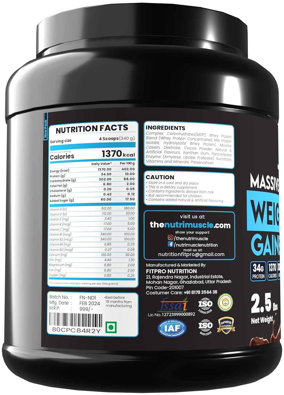 Nutrimuscle Massive Weight Gainer Powder for Men & Women – Chocolate Flavour | 1.134 Kg (2.5 lbs) | High Calorie Mass & Muscle Gainer with Complex Carbs, Protein Blend & Essential Vitamins - Image 4